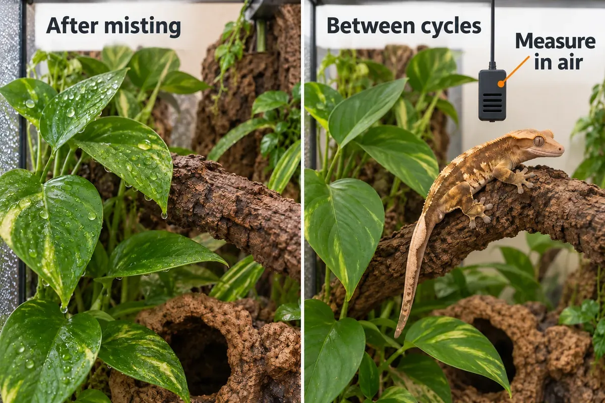 Humidity-cycle example showing leaf droplets after misting, later drying and a sensor in open air.