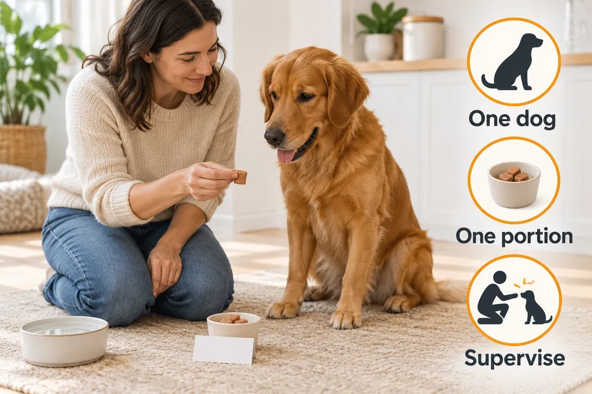One dog supervised while an owner prepares a small labelled treat portion.
