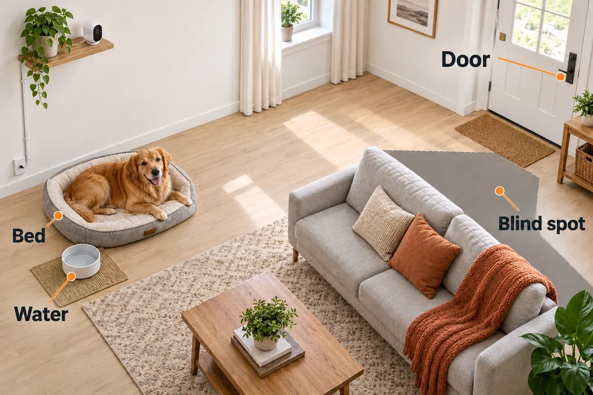 Room layout showing a dog camera, bed, water bowl, doorway and a blind spot behind a sofa.