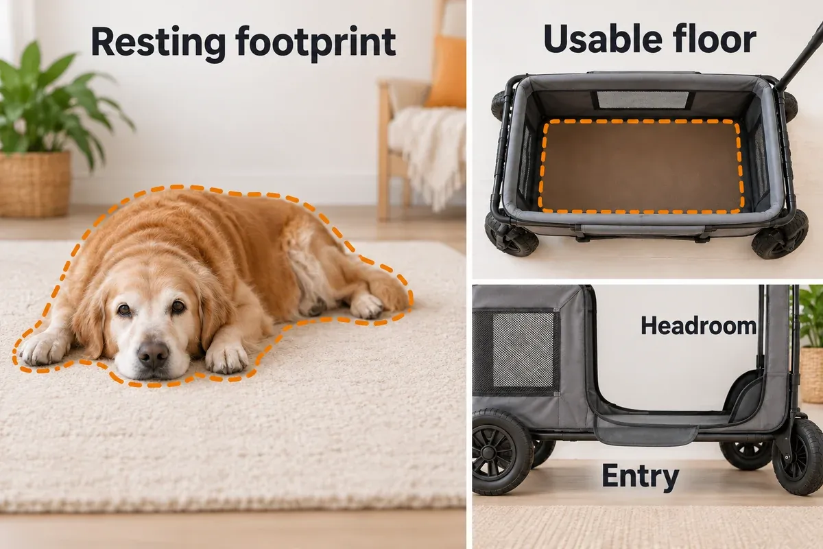 Resting dog footprint compared with the usable floor, entrance and headroom of a generic pet carrier.