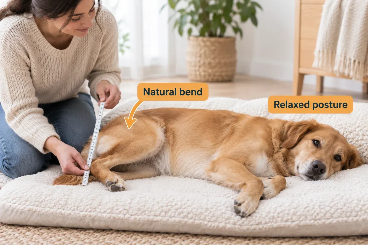 Dog lying comfortably on its side with its rear leg naturally bent while an owner prepares a tape measure.