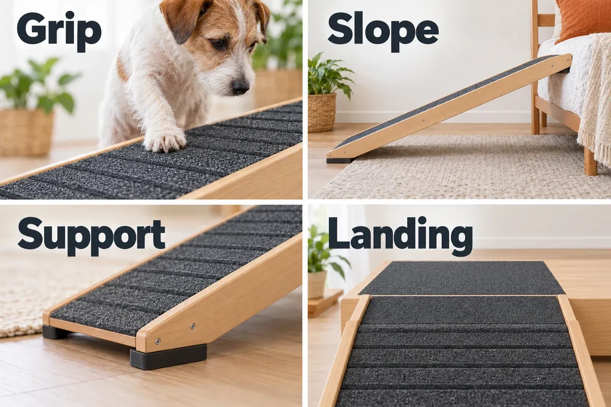 Four ramp checks showing paw grip, a gentle slope, stable supports and a level landing.