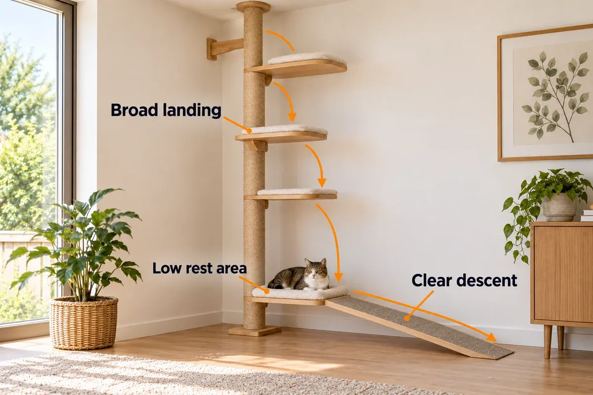Floor-to-ceiling cat climbing example with broad landings, a low resting area and a clear return route.