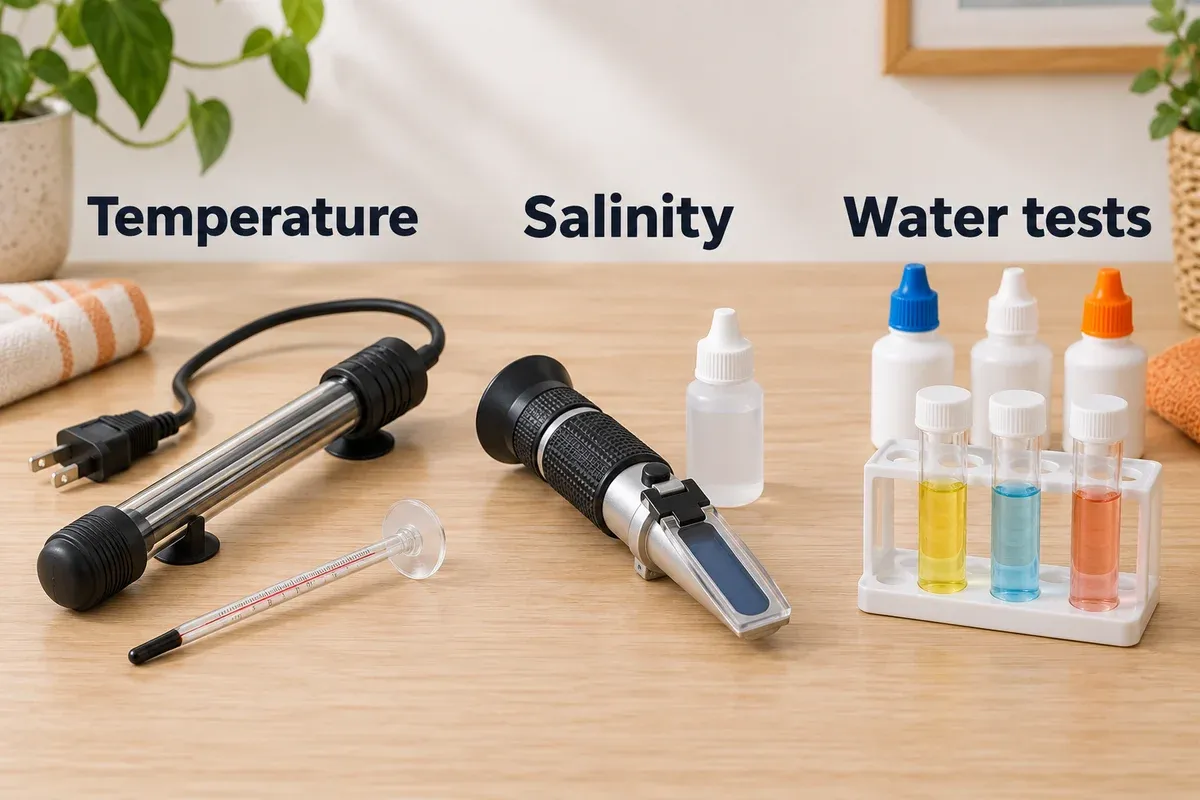Generic nano-reef supplies arranged in three groups: an unplugged aquarium heater with a separate thermometer, an optical salinity refractometer, and liquid water-test vials.