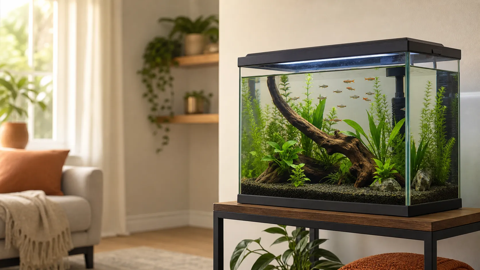 A fully equipped 20-gallon freshwater aquarium with plants, driftwood, gravel, and warm room lighting