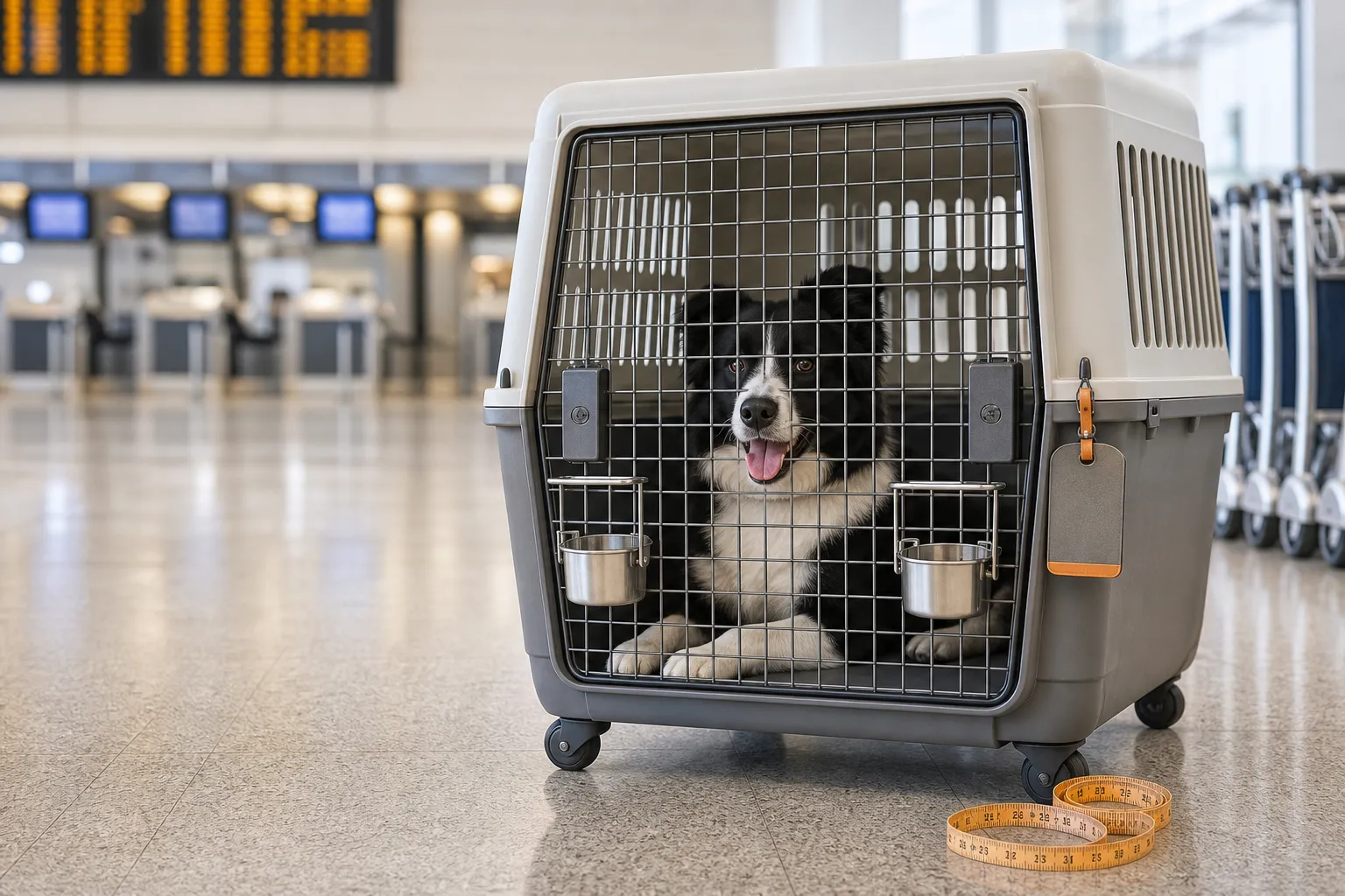 A calm dog resting in a hard-sided airline travel crate at an airport