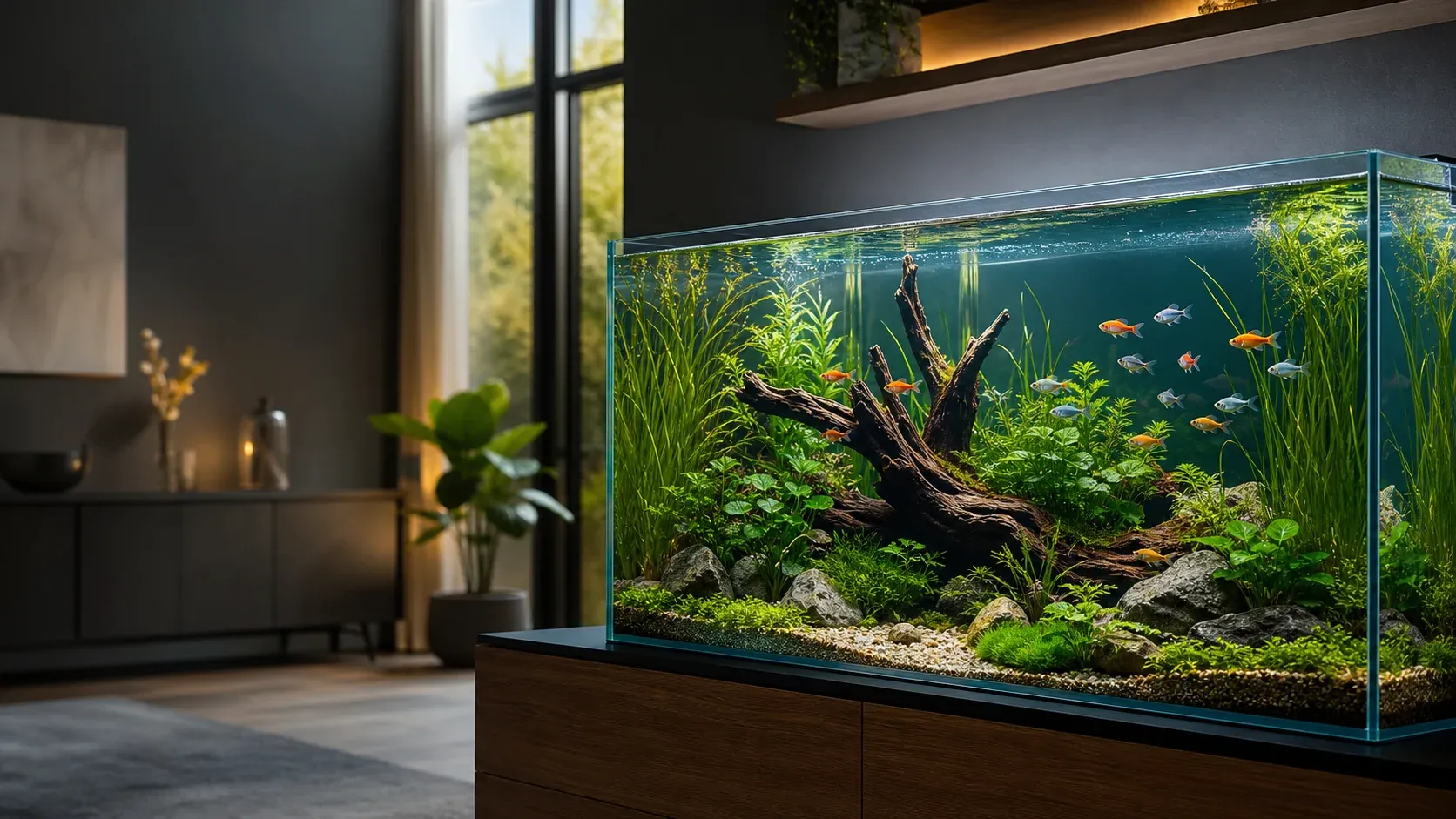 A planted freshwater aquarium with clear water and colorful fish