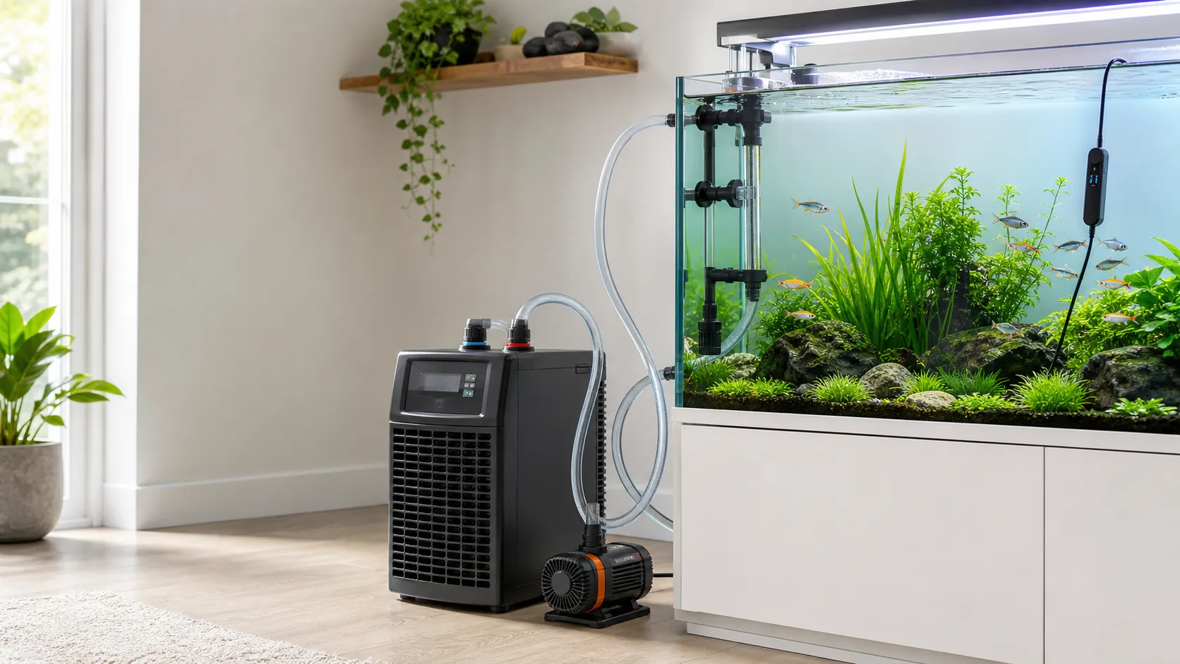 Aquarium chiller beside a clear reef aquarium with visible tubing, external pump, temperature probe, and open ventilation space