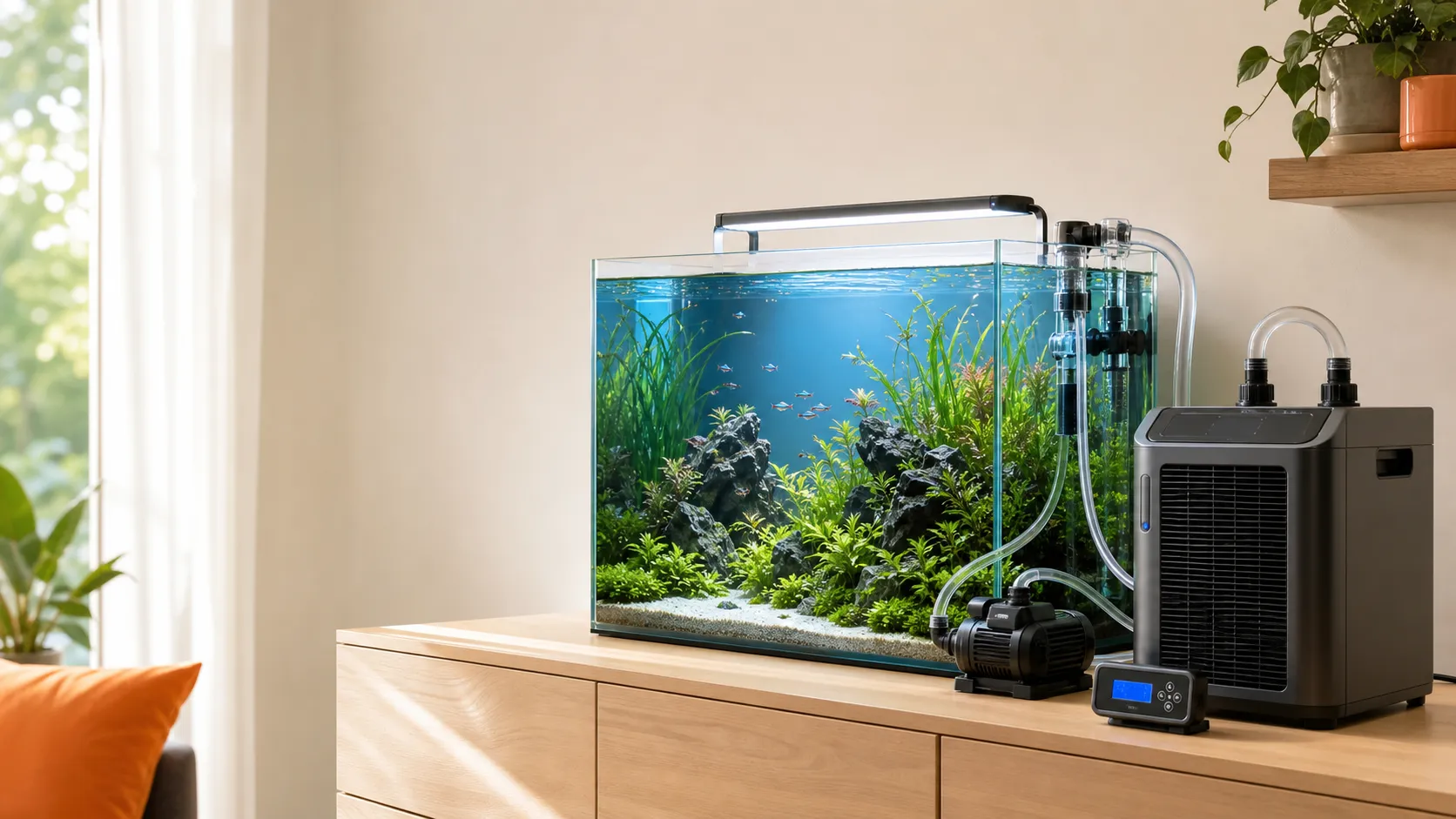Clear aquarium with blue water, external chiller, pump, tubing, and temperature controller in a bright home room