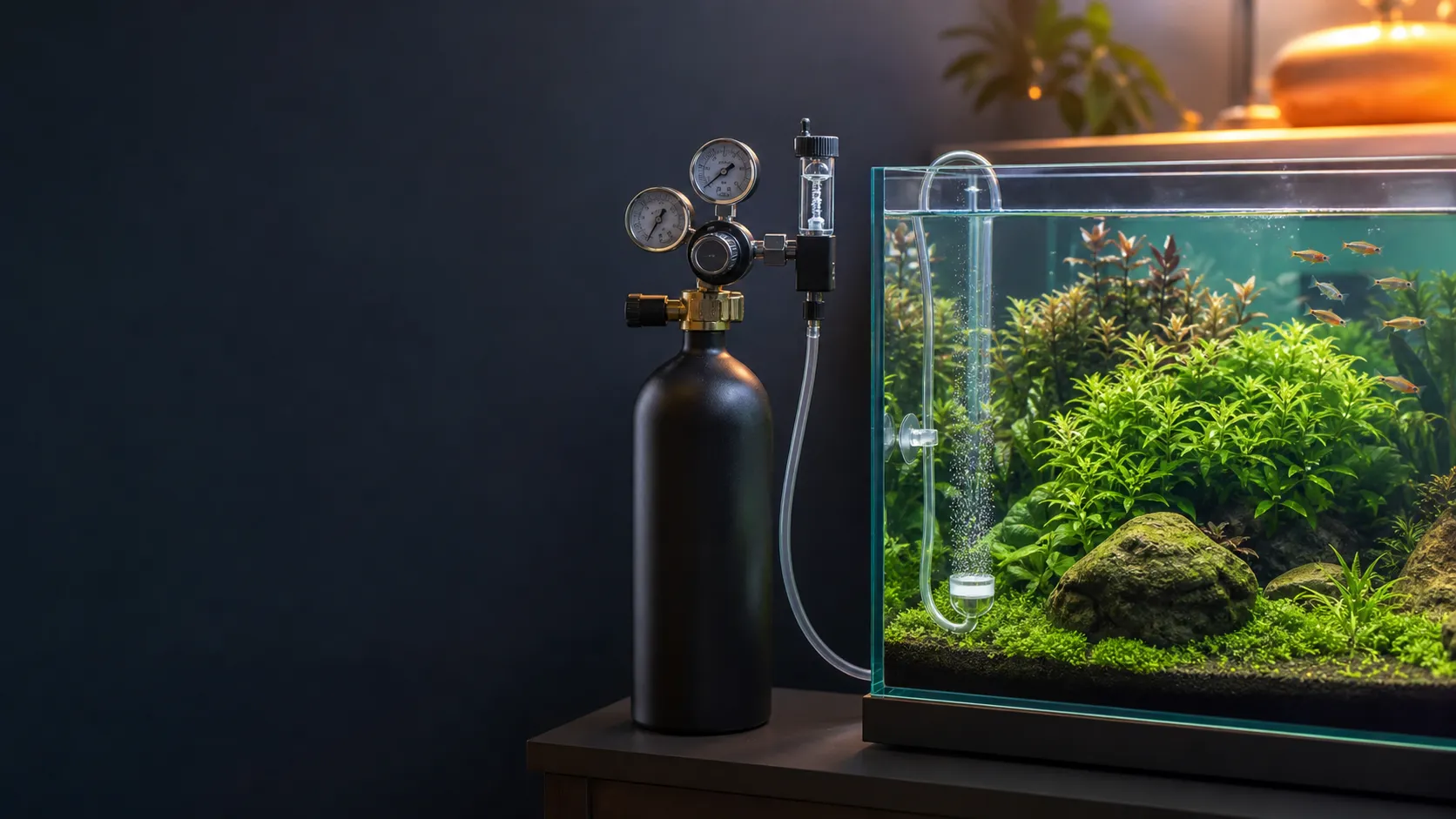 Planted freshwater aquarium with a CO₂ cylinder, regulator, solenoid, bubble counter and diffuser beside the tank