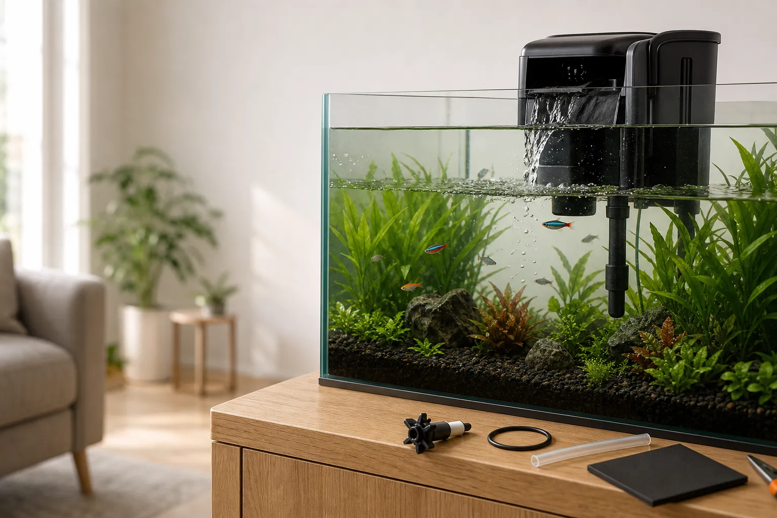 Freshwater aquarium with a running hang-on-back filter, replacement impeller, O-ring, tubing, and silicone mat
