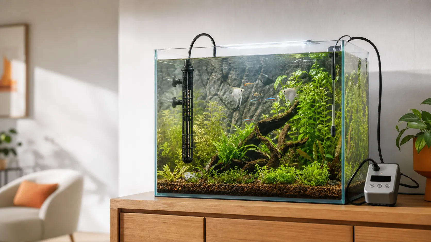 Freshwater aquarium with a guarded submersible heater, digital thermometer, and external temperature controller
