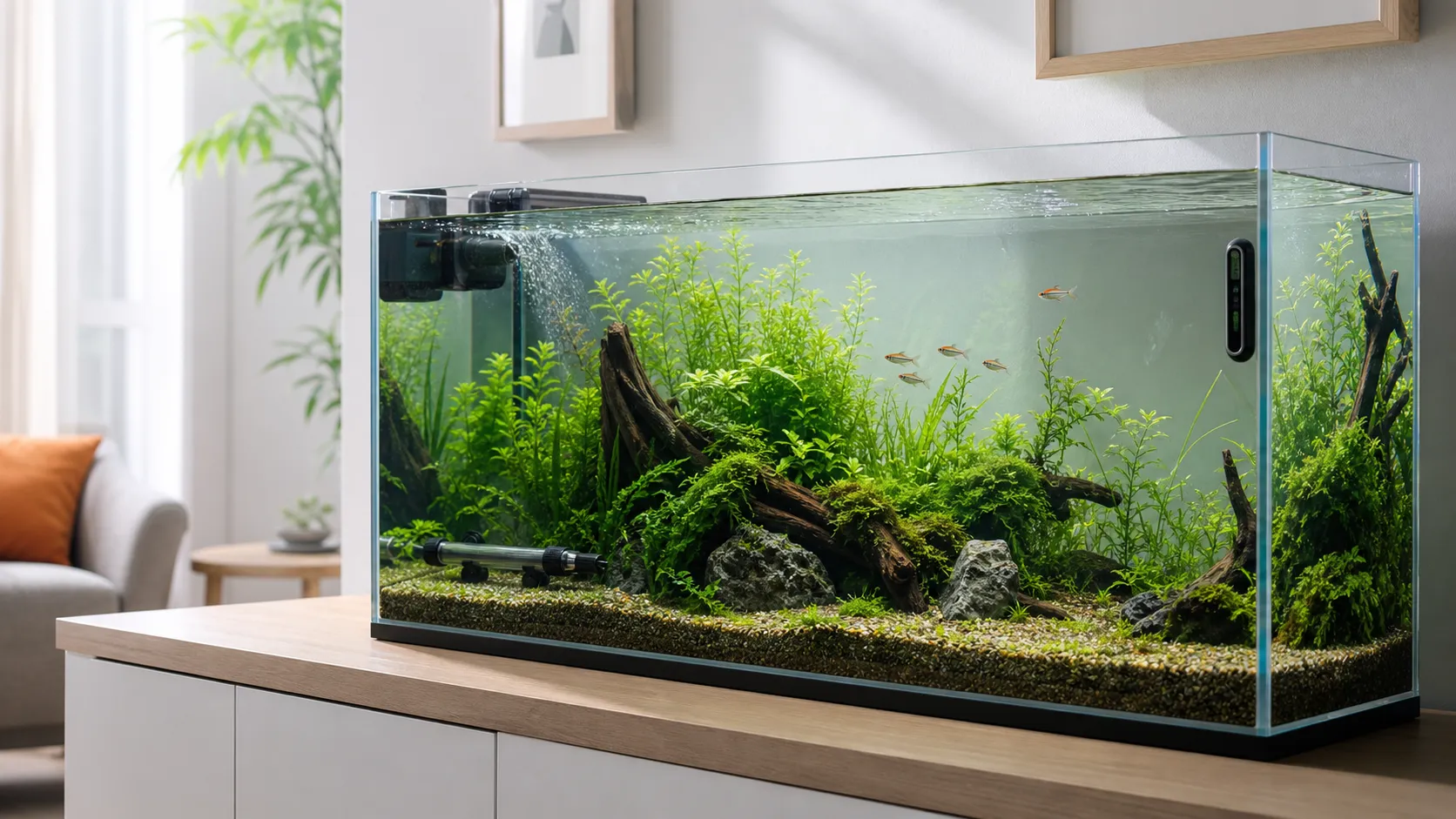 Long freshwater aquarium with a submersible heater near the filter return, a thermometer at the far end, and clear open water flow