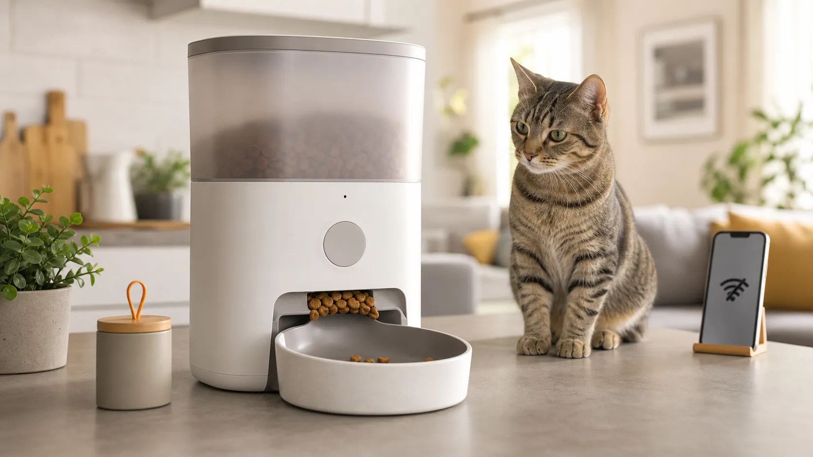 White automatic cat feeder with a kibble jam at the outlet beside a calm tabby cat