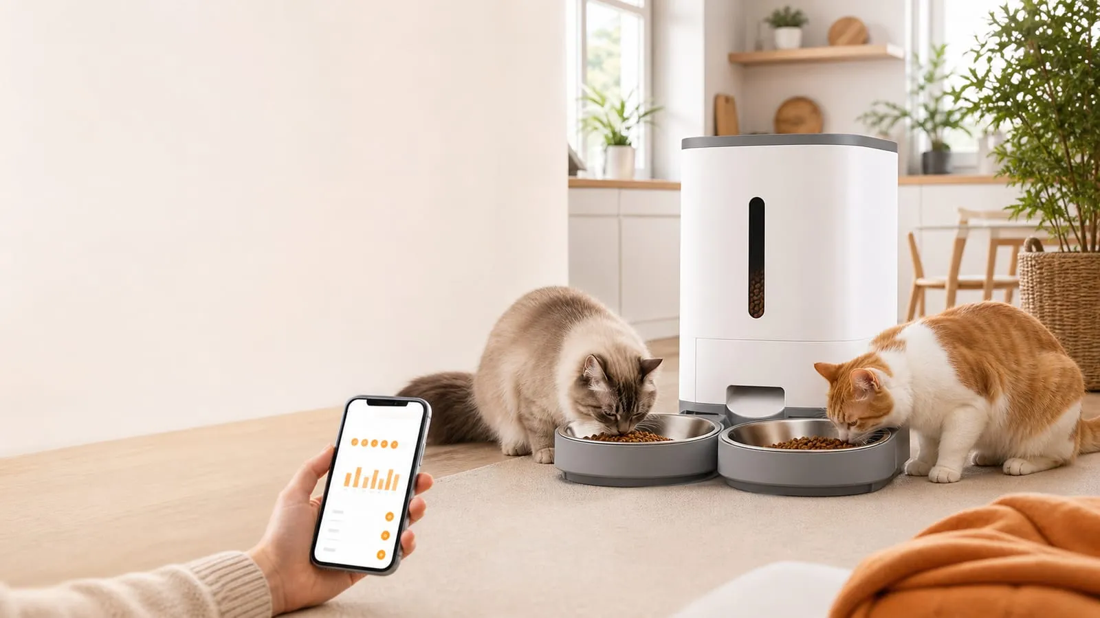 Two cats eating from separate bowls beside a modern automatic cat feeder