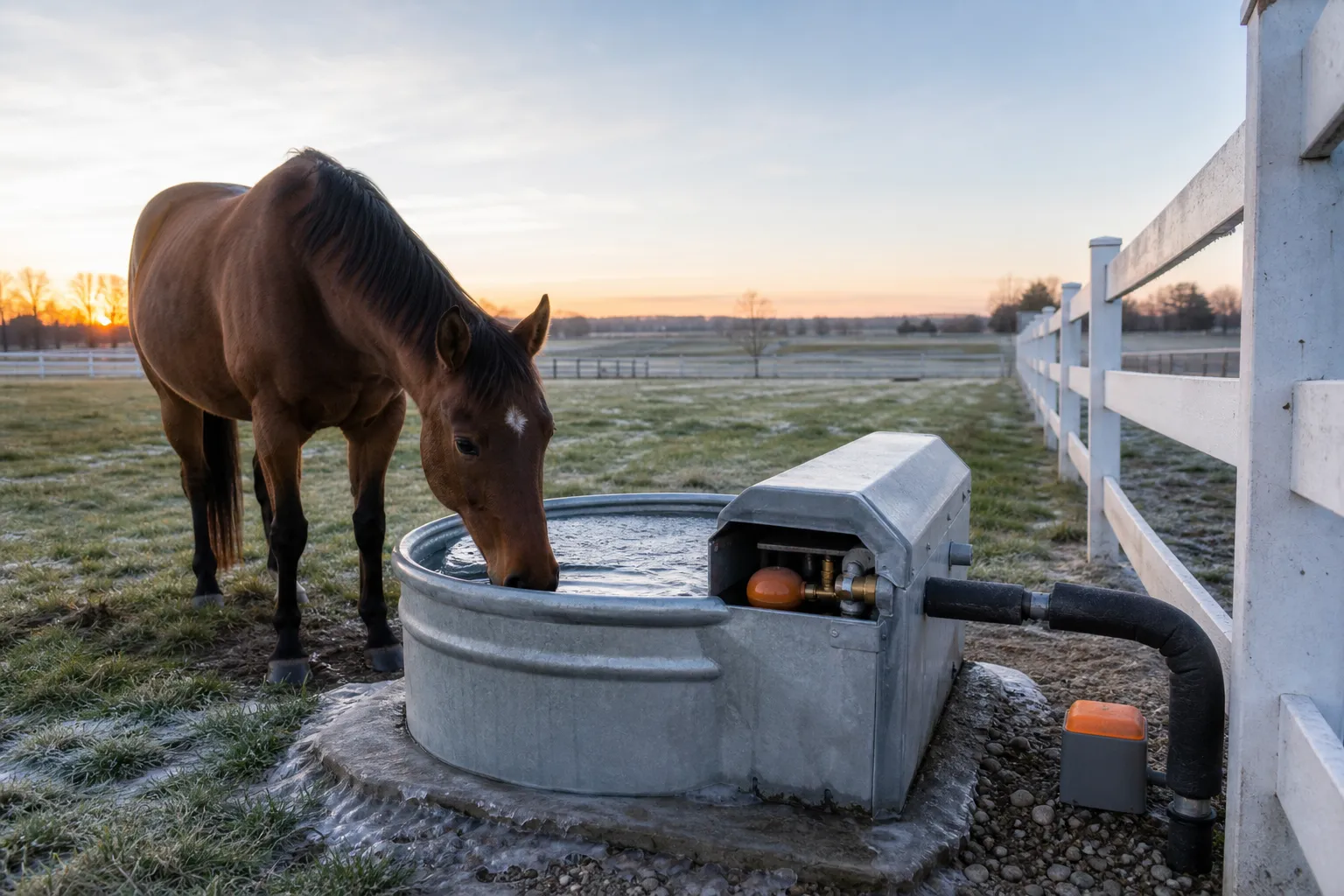Automatic horse waterer beside a pasture fence with an exposed float valve, frozen supply line, and winter de-icer