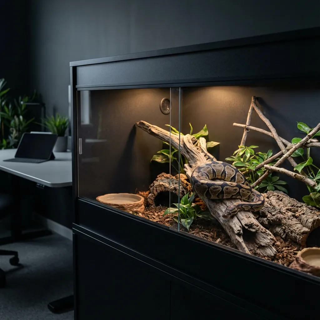 Illustration of a ball python on a branch in a furnished enclosure with plants, shelter and a water bowl