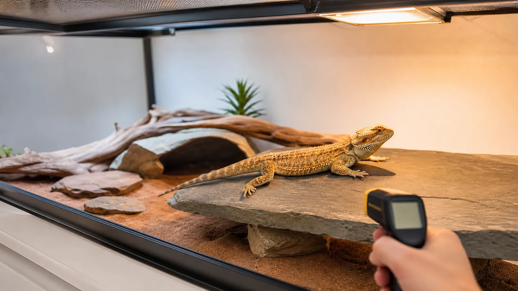 Adult bearded dragon resting on a slate basking platform while an infrared thermometer checks the surface temperature