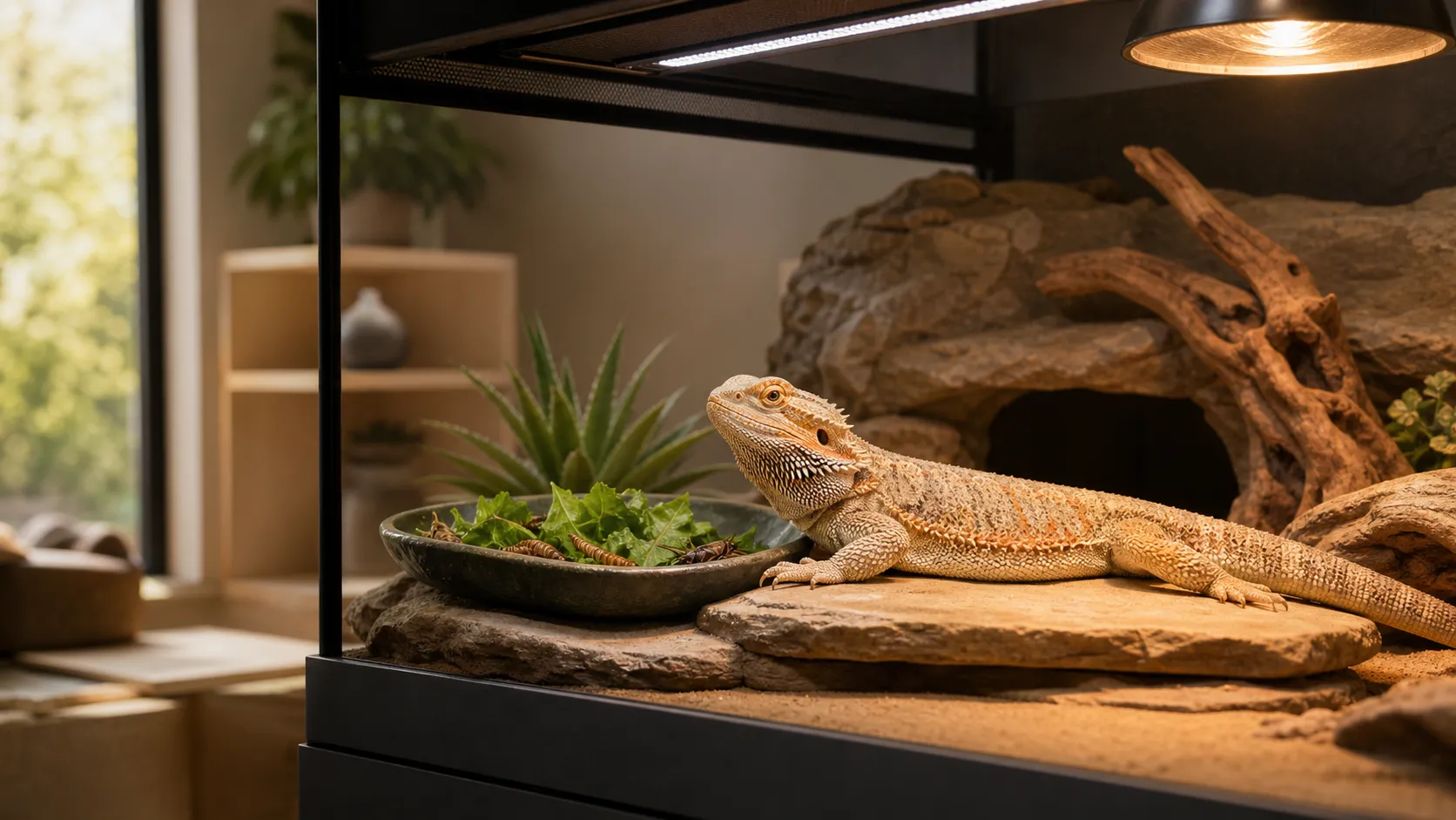 Healthy bearded dragon resting in a warm, well-lit desert enclosure beside a fresh food dish