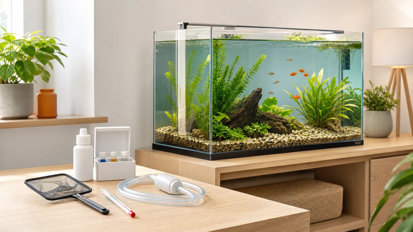 Freshwater beginner aquarium with essential setup supplies arranged nearby