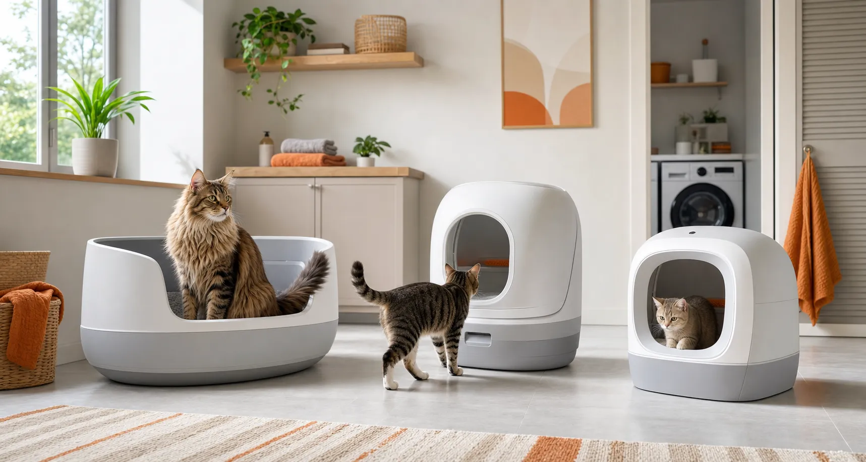 Several automatic litter boxes arranged in a bright home with multiple cats