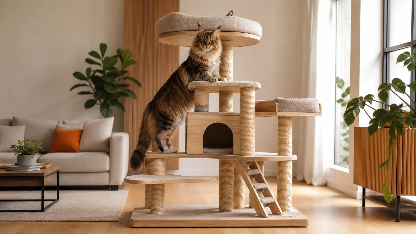Large Maine Coon cat climbing a sturdy XXL cat tree in a bright modern living room