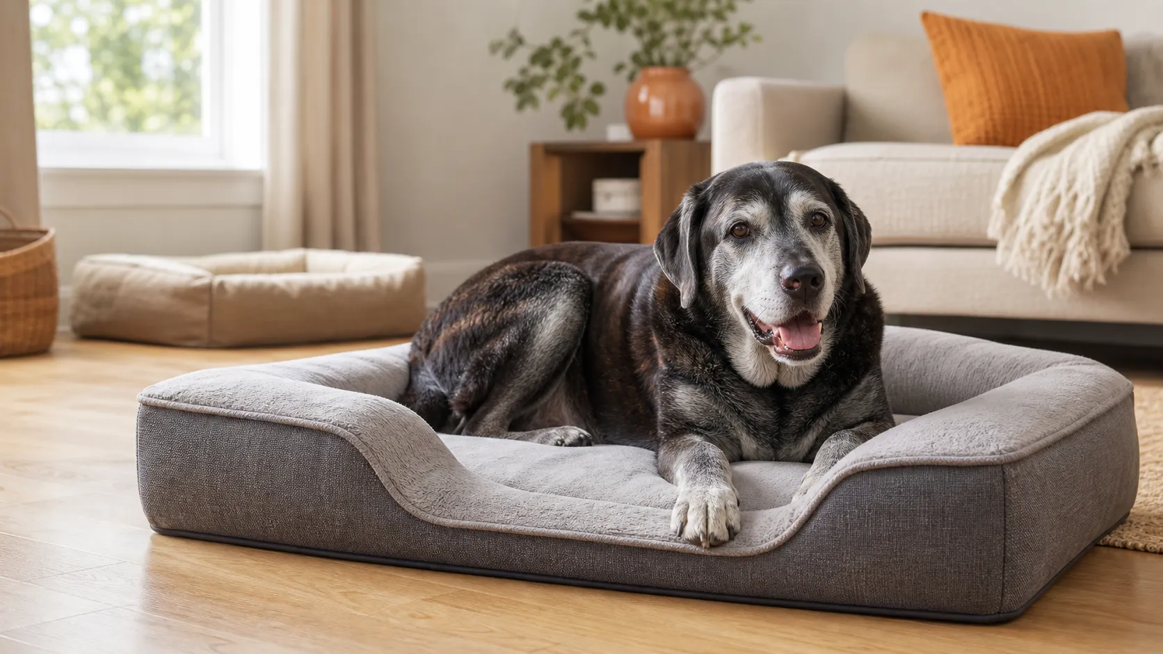 Senior dog resting comfortably on a supportive orthopedic bed in a warm living room