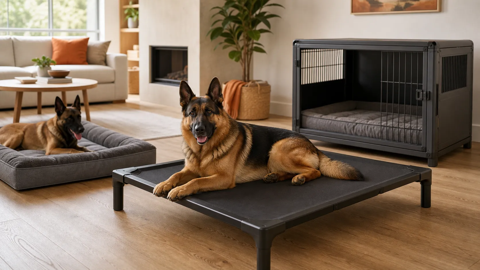 Large dog resting on a durable elevated dog bed in a warm modern living room
