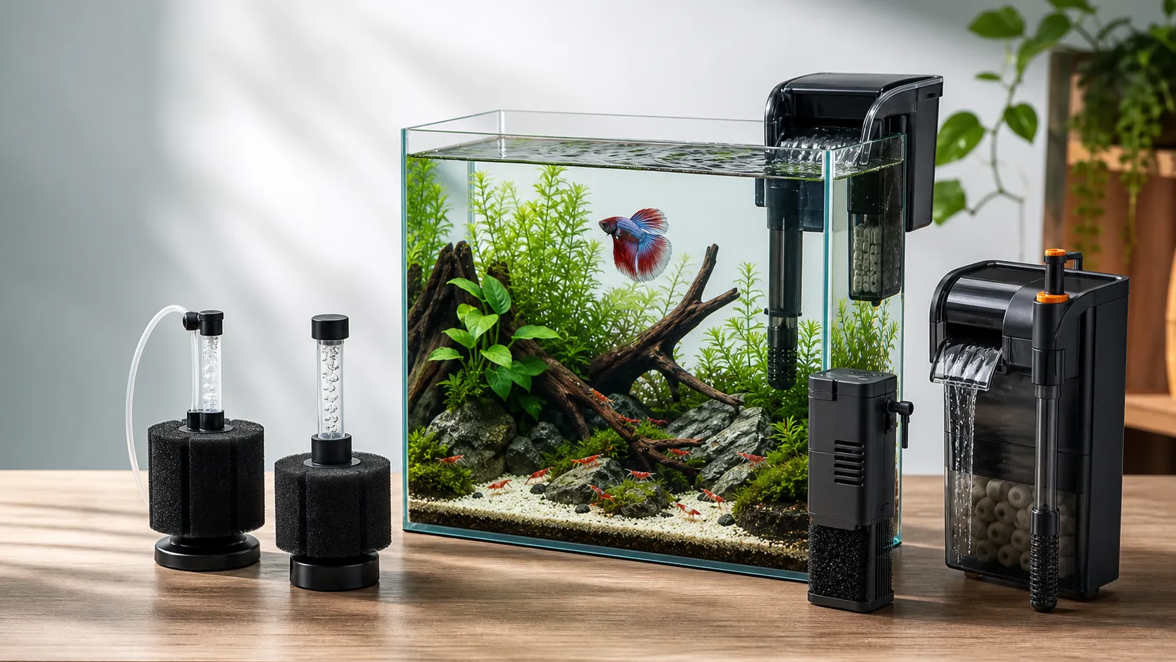 Clear planted nano aquarium with a calm betta, cherry shrimp, sponge filters, and compact low-flow aquarium equipment