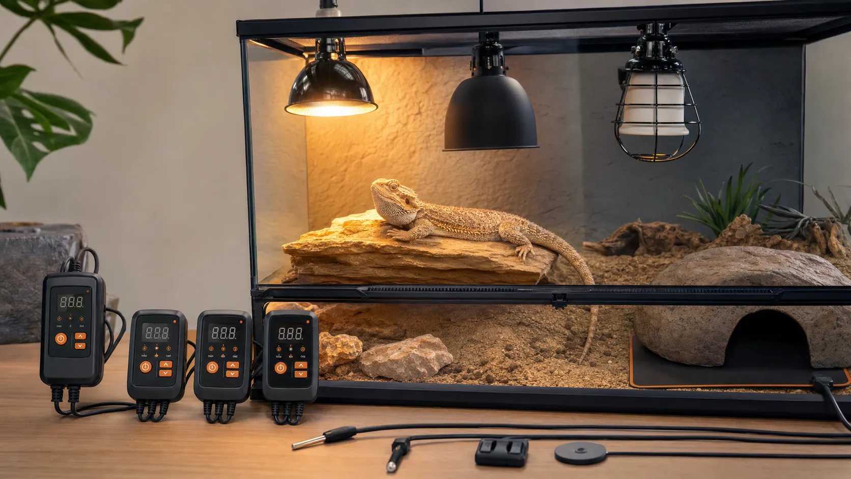 Thermostat-controlled reptile terrarium with a basking lamp, deep heat projector, ceramic heater, and heat mat