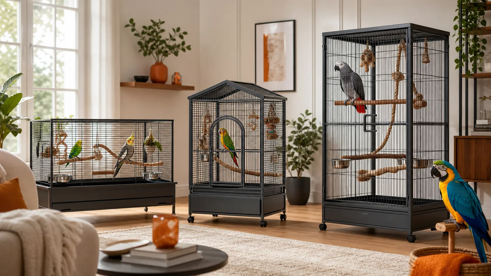 Three bird cages arranged by size with a budgie, cockatiel, African Grey, and macaw in a bright home interior
