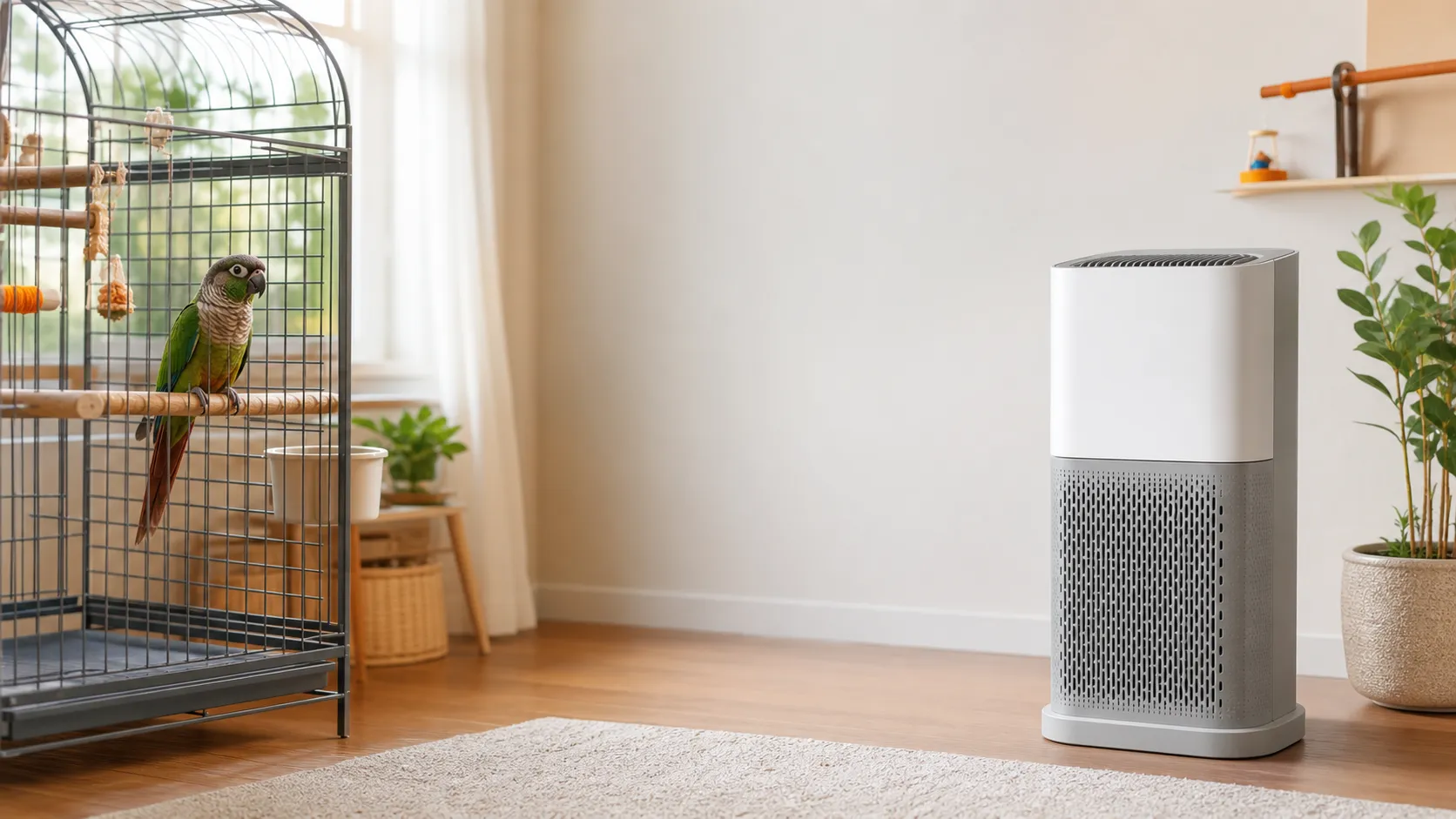 Bright bird room with a parrot cage, a large quiet air purifier, and clear space around the airflow path