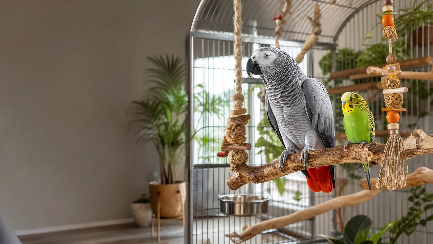 An African grey parrot and a colorful parakeet in a spacious aviary