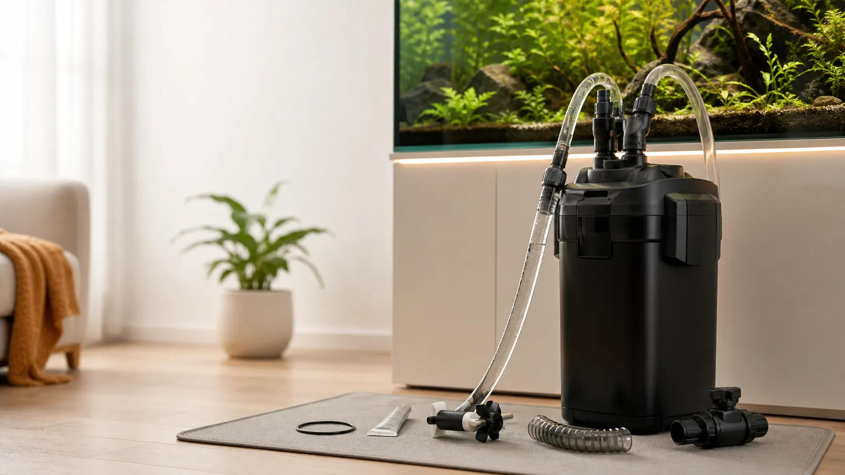 Black canister aquarium filter beside a planted freshwater aquarium with clear hoses, a gasket, an impeller, and maintenance parts