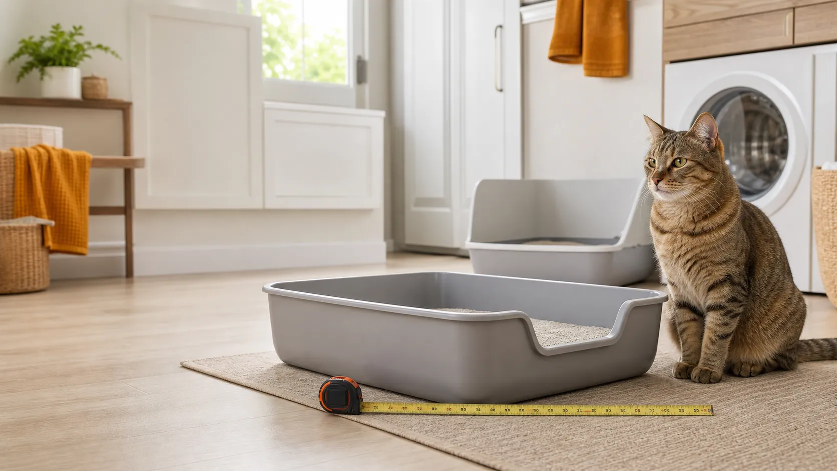 A calm cat beside a spacious open litter box setup with a measuring tape and a low-entry high-sided option
