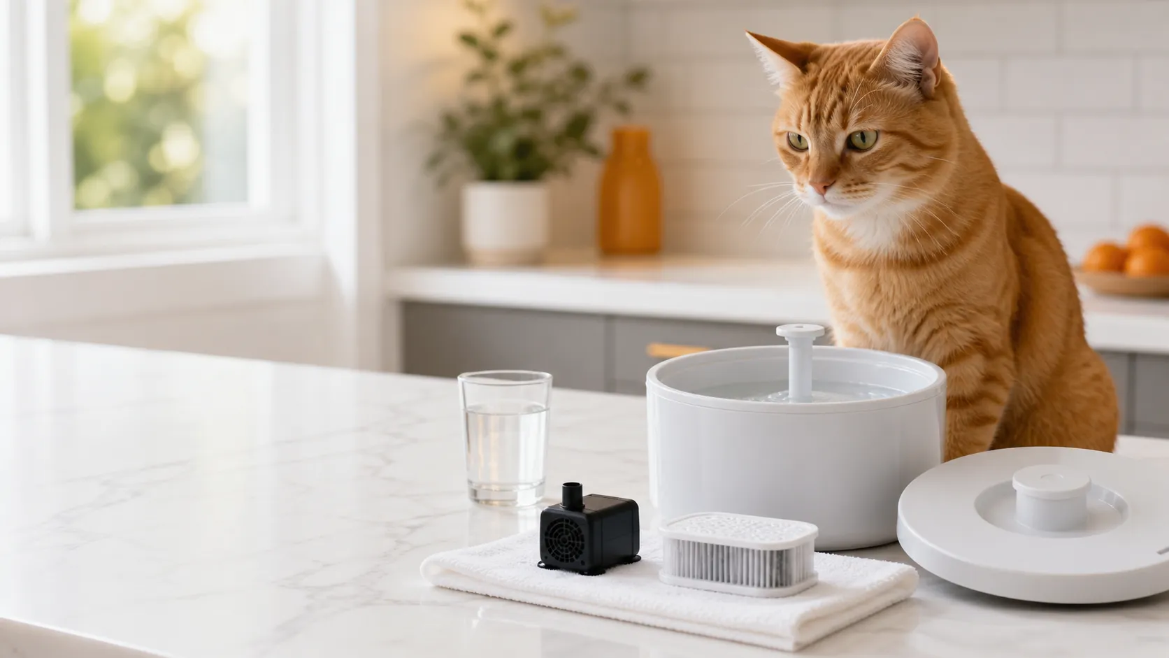 Cat water fountain opened for a careful pump and filter check on a clean kitchen counter