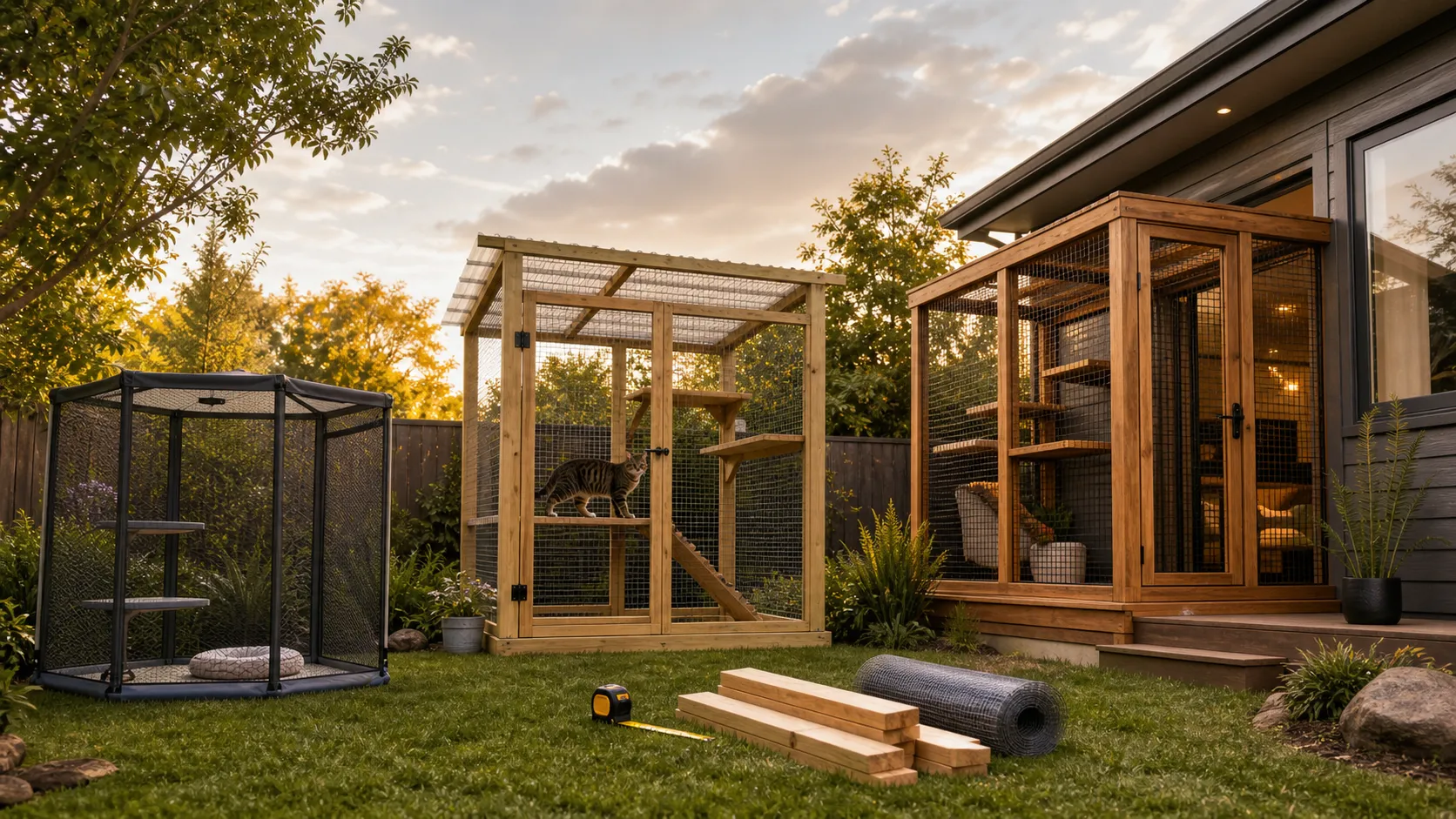 Three catio cost paths in one backyard: a portable mesh kit, a DIY timber catio, and a custom attached walk-in catio