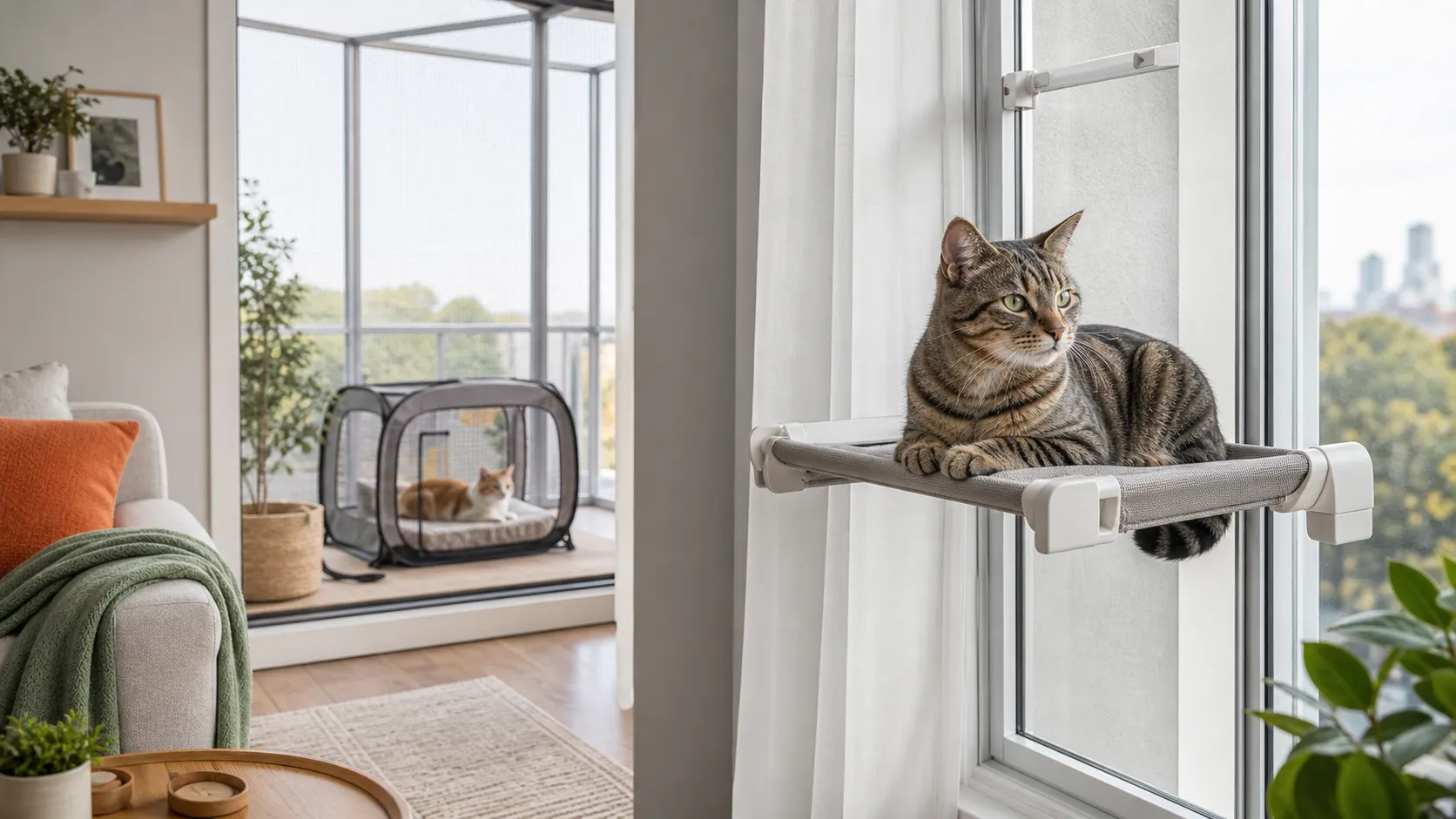 A renter-friendly window catio and portable enclosed balcony setup in a bright apartment