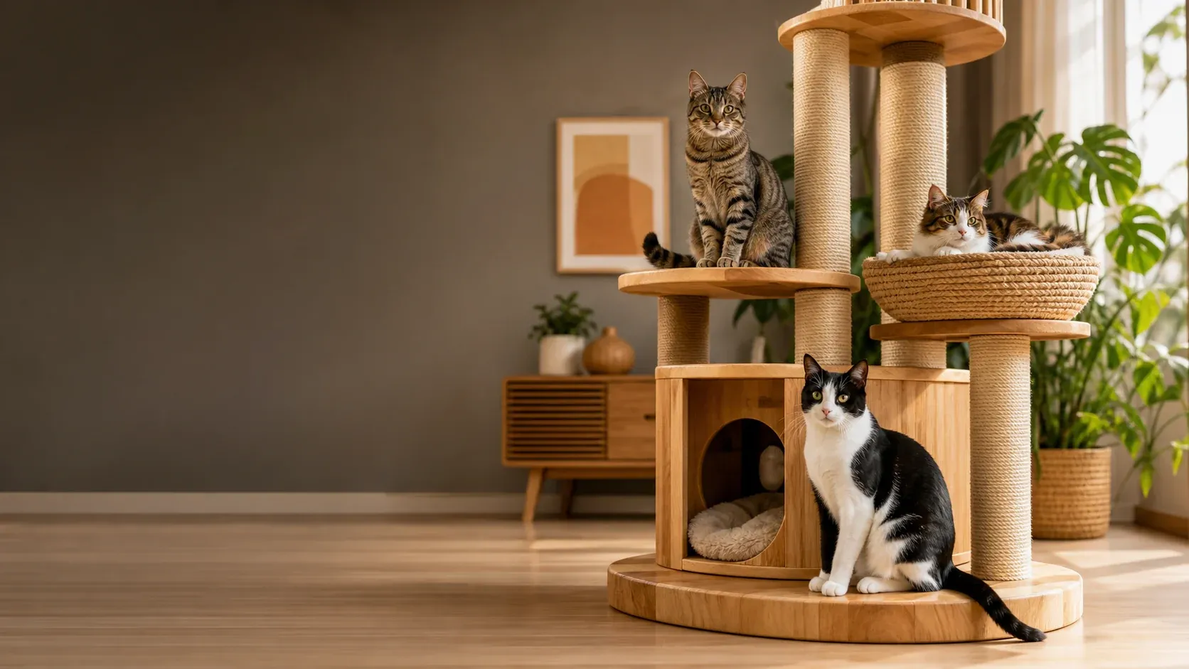 Three cats relaxing on a large wooden cat tree in a modern home