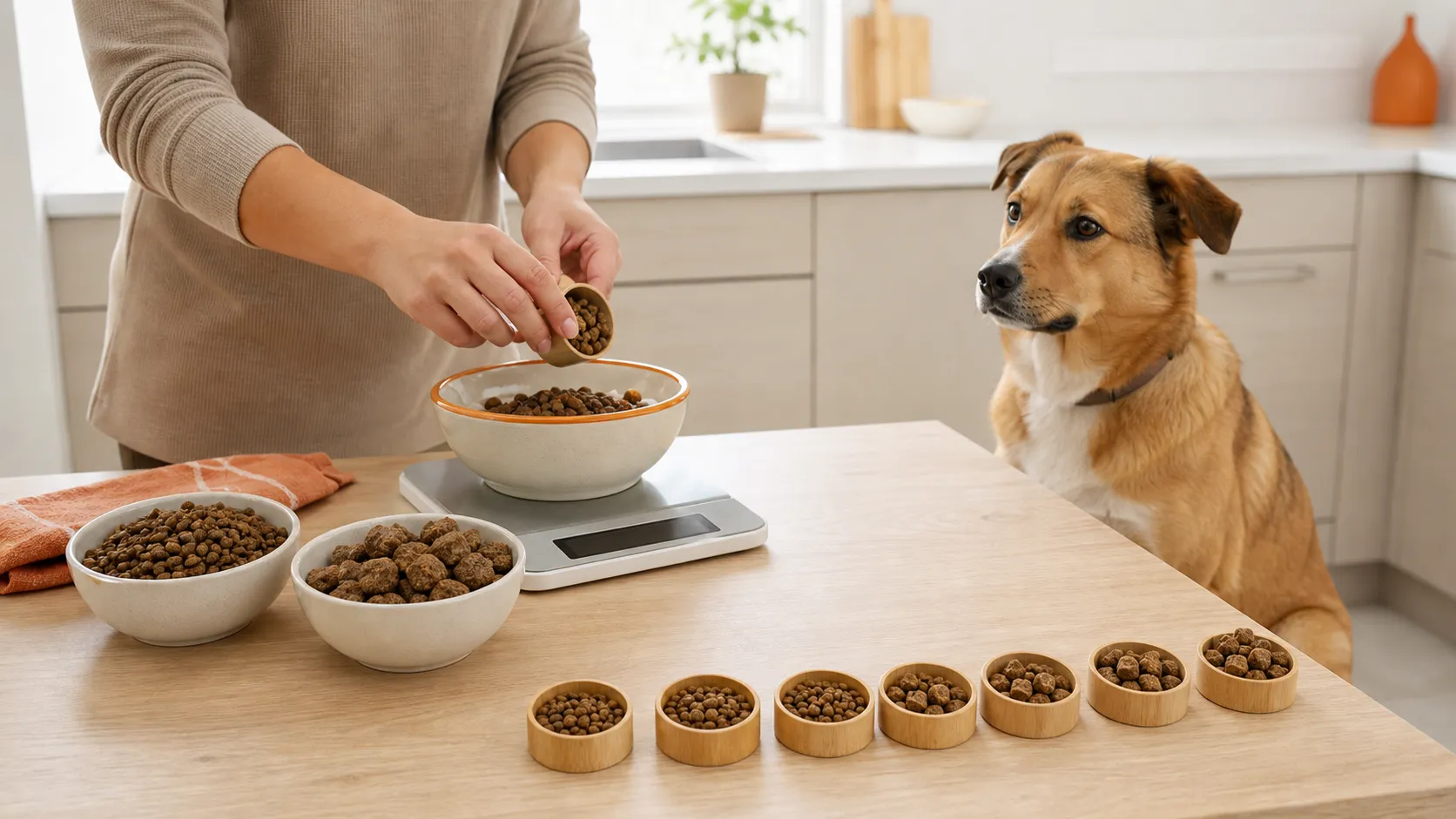 A dog watches as an owner weighs two dry foods beside seven portions with gradually changing ratios