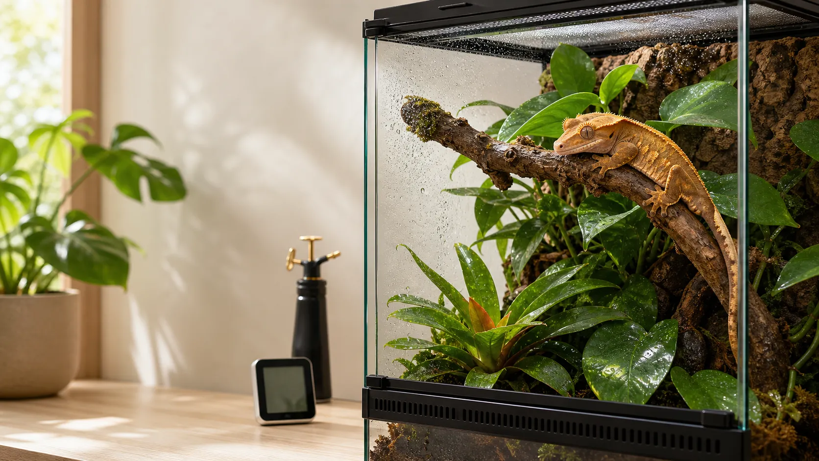 Crested gecko resting in a planted tropical vivarium with humidity monitoring and mist droplets