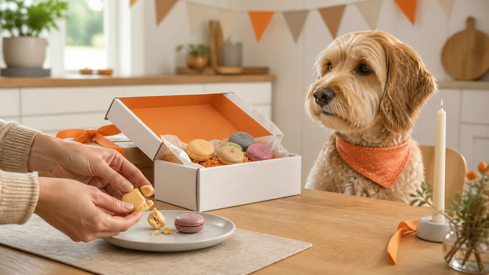 A supervised dog birthday table where one macaron-shaped dog treat is broken into small pieces while the dog waits