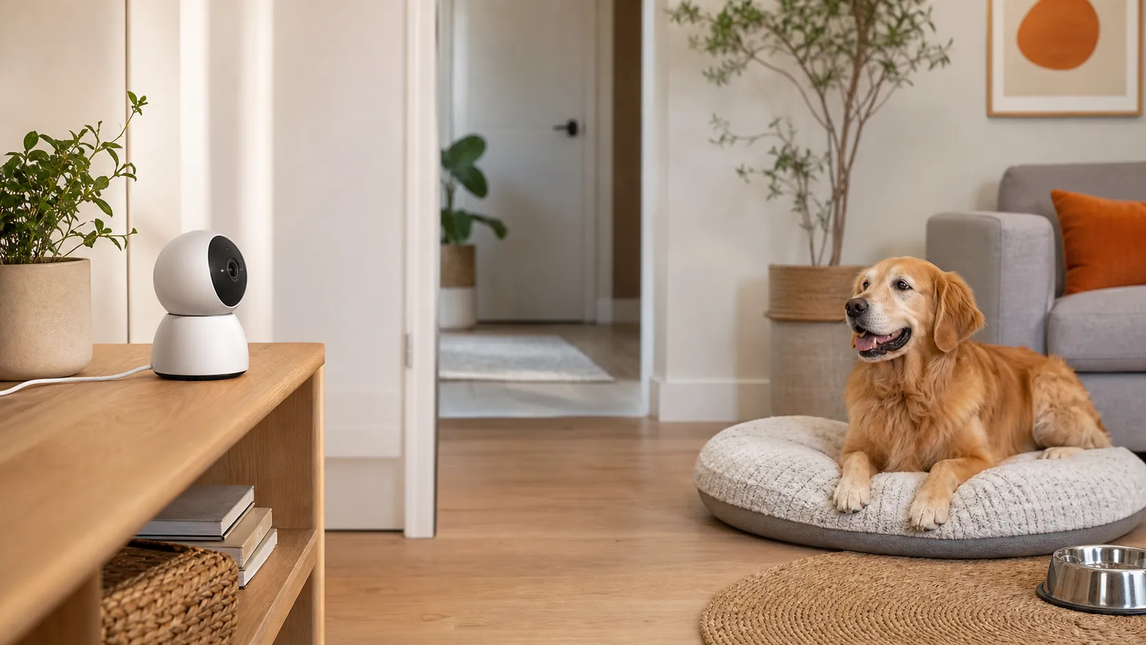 A calm dog resting in a bright living room while a pet camera watches from a carefully placed shelf