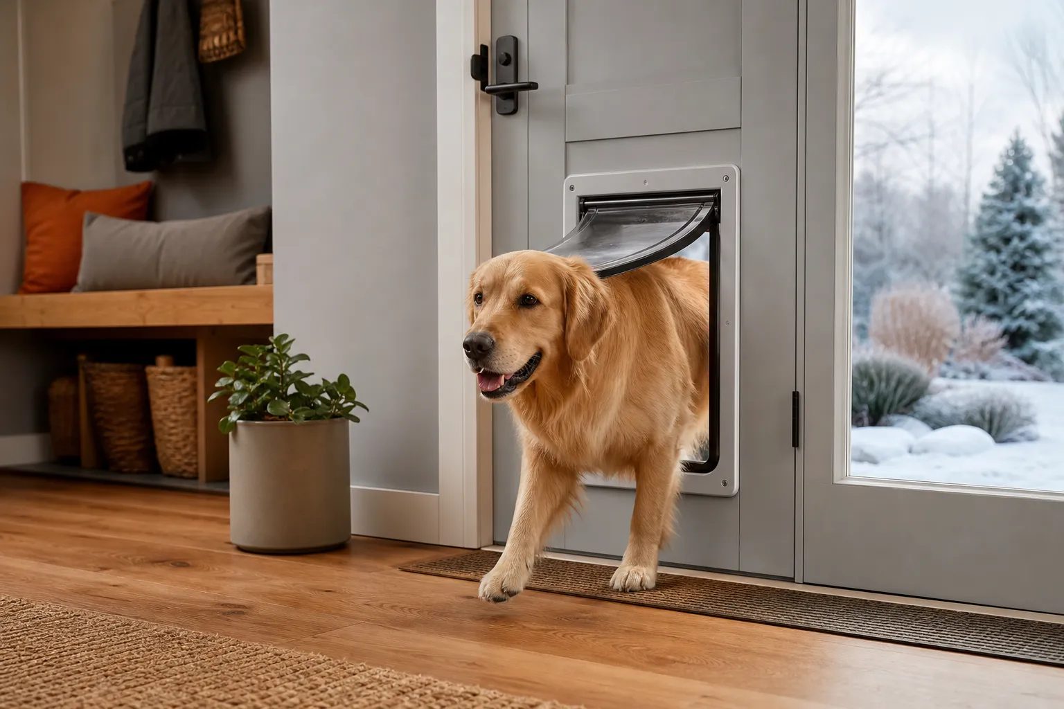 Large dog passing through a sealed dog door from a warm entryway into a blue-gray winter garden