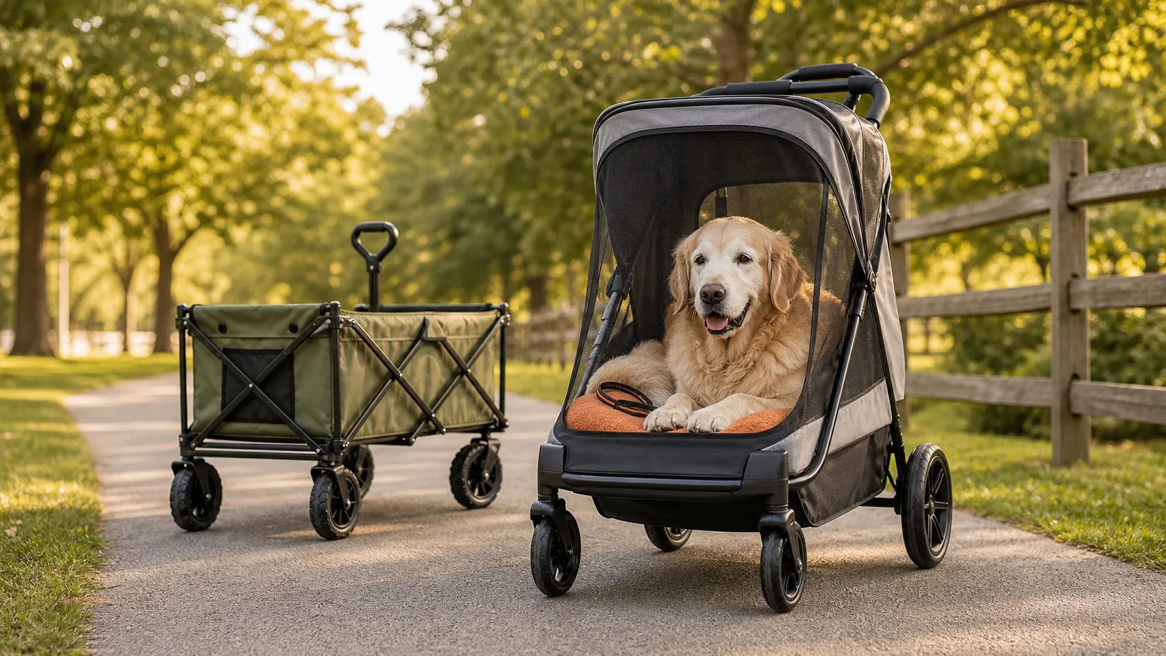 A large senior golden retriever resting near a heavy-duty dog stroller and a foldable dog wagon on a warm park path