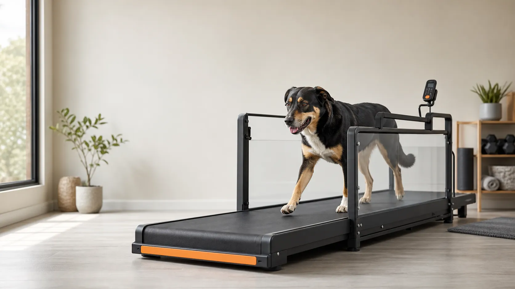 A large dog walking calmly on a purpose-built dog treadmill in a bright home training room