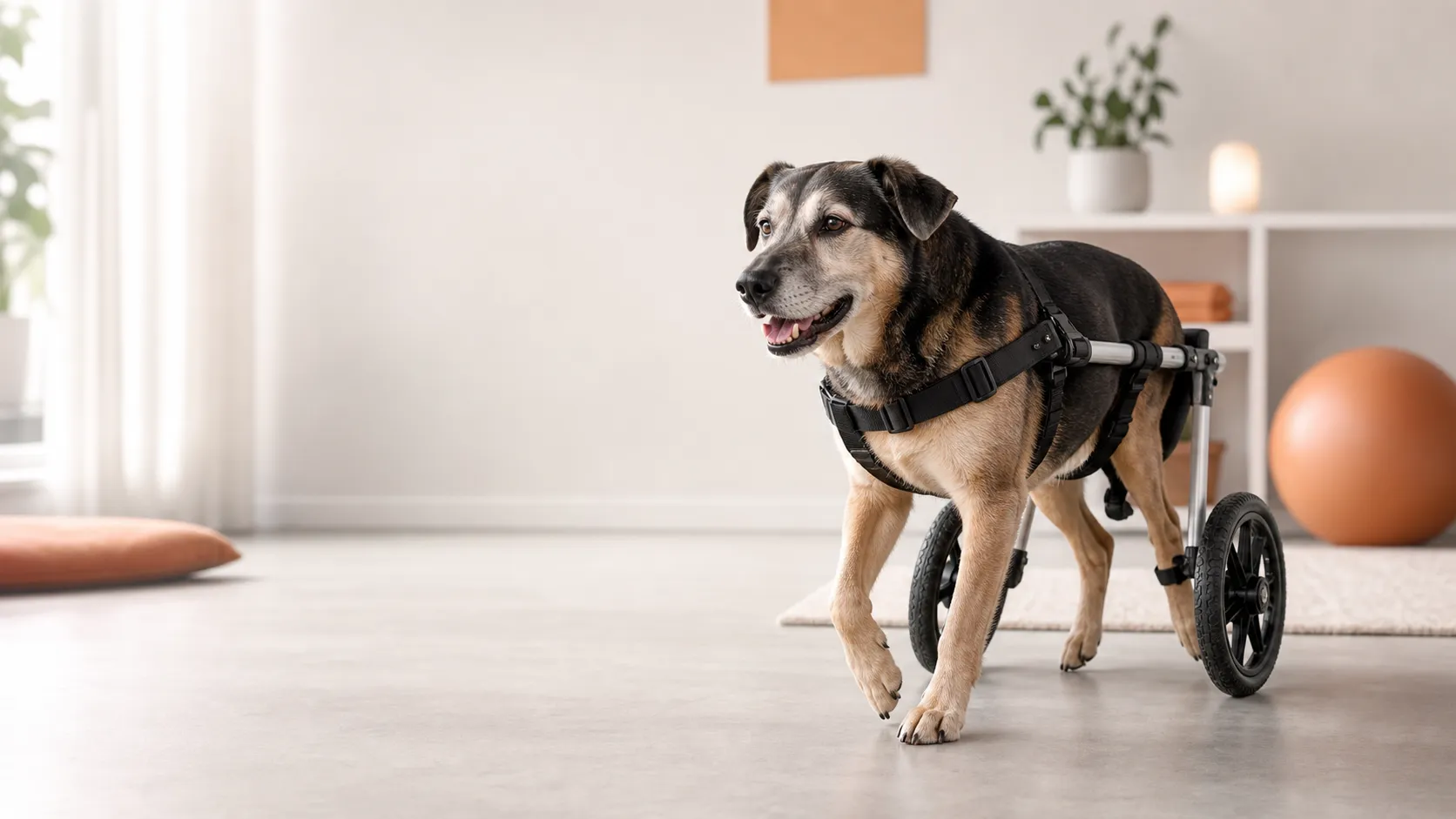 A calm senior dog using a fitted rear-support wheelchair in a bright, warm home