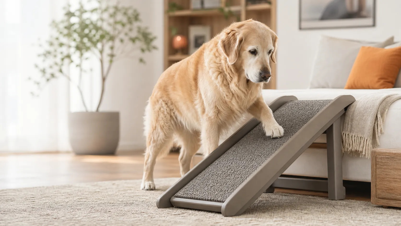 Senior dog cautiously testing a stable non-slip ramp beside a bed in a warm living room
