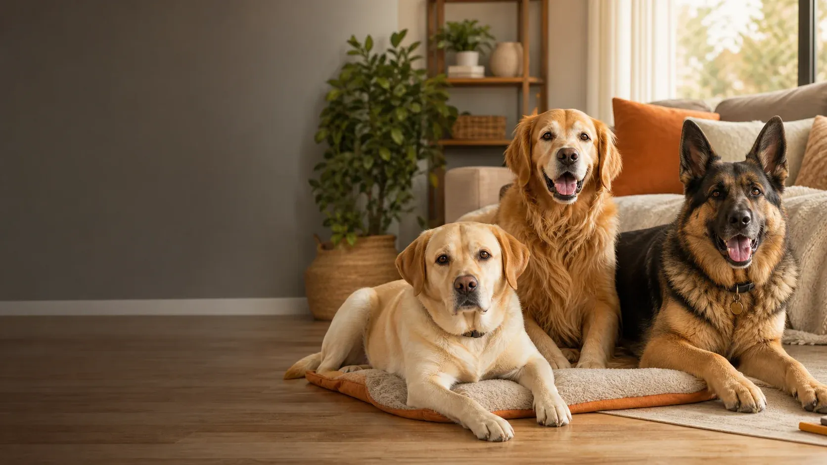 Three happy dogs relaxing together in a warm modern living room