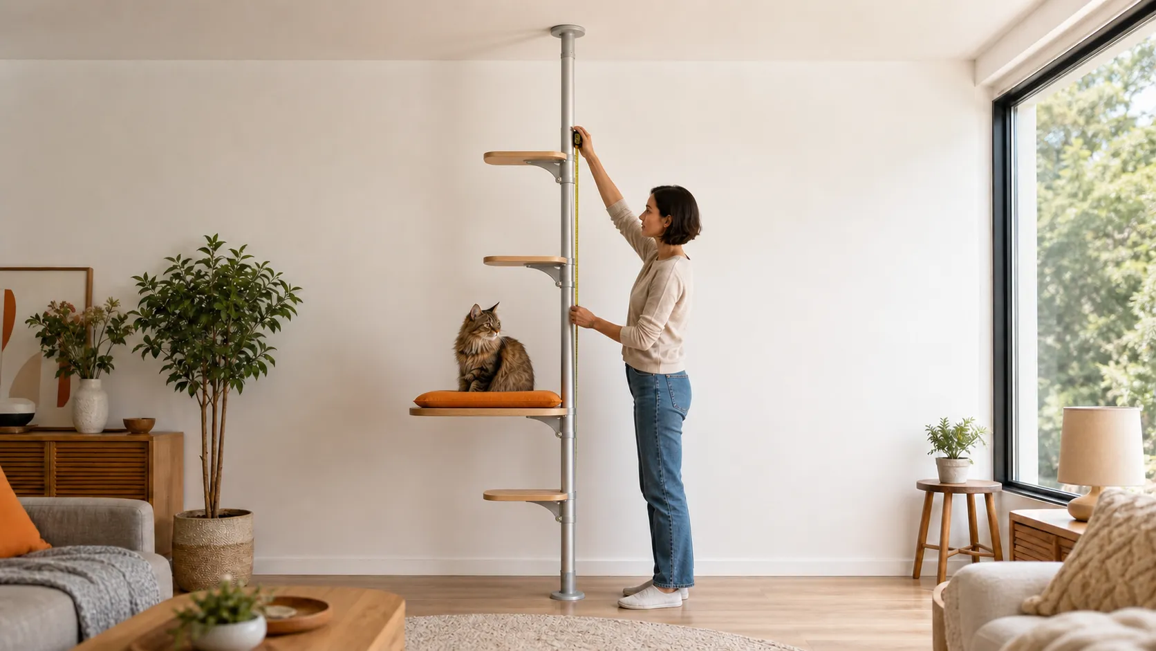 A homeowner measuring a secure floor-to-ceiling cat tree pole while a cat waits on a low platform
